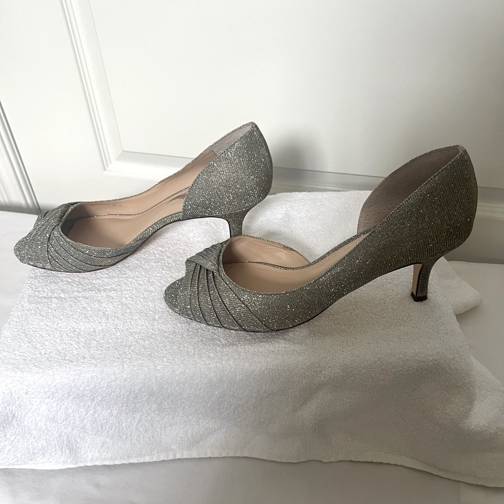 Nina’s Silvery/ Steel Colored Metallic Open Toe Pumps